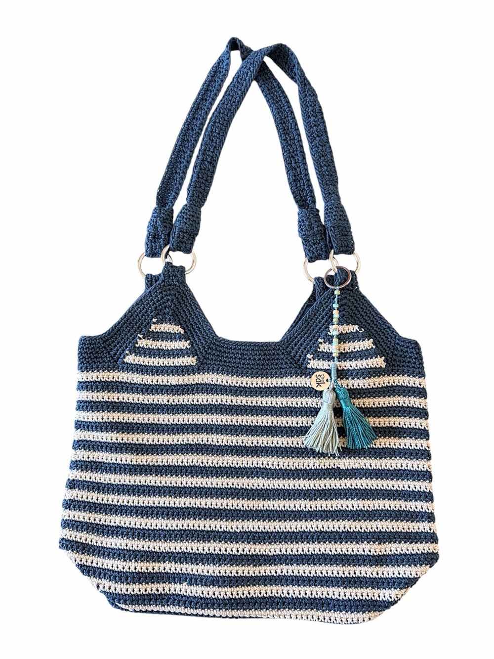 The Sak hand crochet striped soulder bag, double handle, zipper, blue and cream